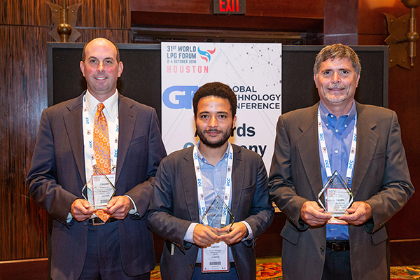Fausto Marcigot, center, of PayGo Energy (first place); Steve King, right, of Motive Ventures (runner-up); and Greg Kerr of PERC. (Photo courtesy of World LPG Association.)