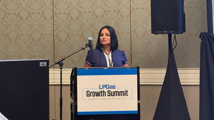 Kim Godlewski, vice president of IPS Equipment, introduced the company during the Meet the Partners portion of the LP Gas Growth Summit. (Photo: LP Gas staff)