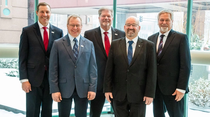 CHS members reelected five members of the CHS Board of Directors at the 2025 CHS Annual Meeting. Reelected were, from left, Jerrad Stroh, Juniata, Nebraska; Kevin Throener, Cogswell, North Dakota; Hal Clemensen, Aberdeen, South Dakota; Mark Farrell, Cross Plains, Wisconsin; and Alan Holm, Sleepy Eye, Minnesota. (Photo courtesy of CHS Inc.)